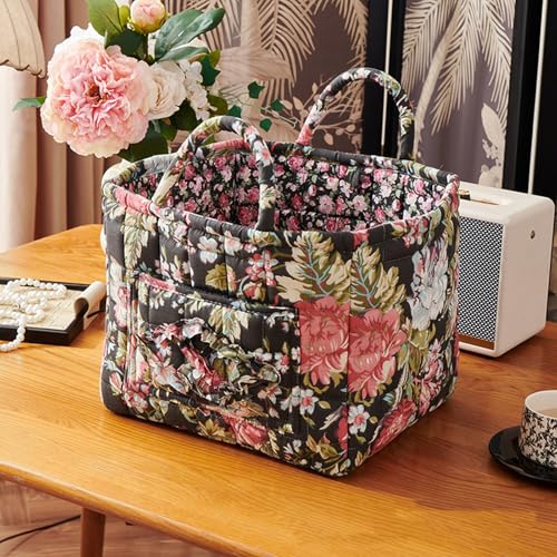 Quilted Fabric Basket Foldable Car Storage Boho Floral Laundry Basket Hamper for Nursery Bedroom & Living Room | Organize Clothes Toys - color: Rose Garden