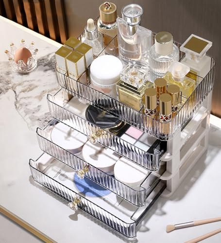 MIUOPUR Makeup Organizer with 3 Drawers, Clear Bathroom Counter Organizer, Skincare Organizer for Vanity Countertop, Cosmetic Display Case, Ideal Choice for Storing Lipsticks, Nail Polishes, Perfumes