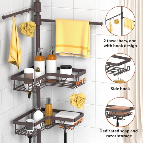 KEGII Shower Caddy Tension Pole with 2 Towel Bars, Adjustable Corner Bathroom Organizer, Rustproof Bathtub Storage Shelves for Shampoo, 25–114.2 Inch Shower Corner Rack for Renters & Family, Bronze - style: Tension Caddy & Towel Bar - Brown