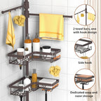 KEGII Shower Caddy Tension Pole with 2 Towel Bars, Adjustable Corner Bathroom Organizer, Rustproof Bathtub Storage Shelves for Shampoo, 25–114.2 Inch Shower Corner Rack for Renters & Family, Bronze - style: Tension Caddy & Towel Bar - Brown
