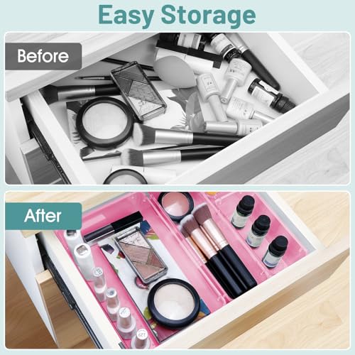 WOWBOX 25 PCS Plastic Drawer Organizer Set, 4 Sizes Desk Drawer Divider Organizers and Storage Bins for Makeup, Jewelry, Gadgets for Kitchen, Bedroom, Bathroom, Office, Clear Pink - color: Clear Pink