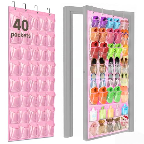 Over the Door Shoe Organizer with 40 Clear PVC Pockets – Waterproof Hanging Shoe Holder for Closet & Bathroom – Space-Saving Door Shoe Rack for Shoes, Toys, Toiletries & Snacks(Pink) - color: Pink