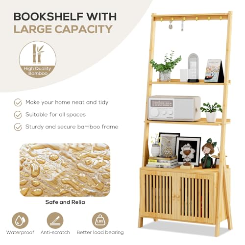 Bookcase with Drawers, 4-Tier Bamboo Bookshelf Ladder Shelf with 6 Hooks, Tall Narrow Book Shelf, 24.8"L x 10.6"W x 59.5"H, Standing Storage Organizer for Living Room, Home Office, Bedroom, Bathroom - color: 4-tier Natural