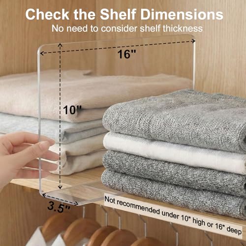 SortNStore Shelf Dividers for Closet Organization: 10" Tall x 16" Deep, Deeper Adhesive Separators Features Acrylic Material and Provides Storage for Clothes and Sweater in Bedroom Cabinets(6-Pack) - color: 6-pack, size: 10" Tall X 16" Deep