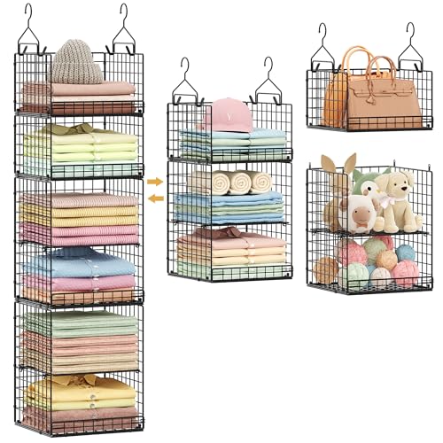 6 Tier Hanging Closet Organizers and Storage Stackable Hanging Closet Shelves with 4 Hooks 2 Adjustable Dividers, Wire Storage Basket Bins for Clothing Purse Sweaters Shoes Socks Dolls, Foldable - color: Black, size: 6-Tier Larger