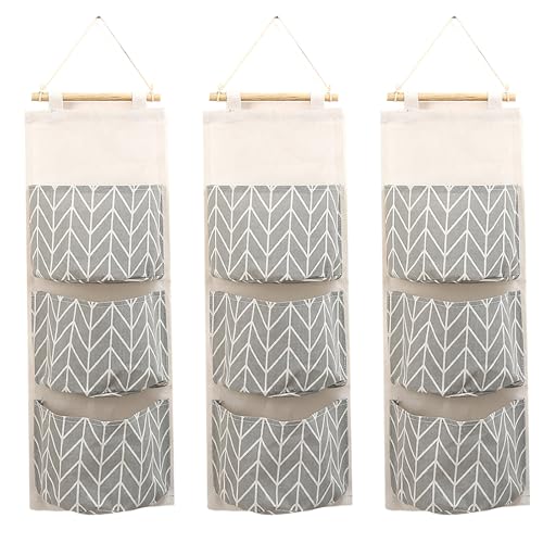 COVRA 3-Pack Wall Hanging Storage Bags – Over-the-Door Organizers with 3 Large Pockets (6.3" × 5.1"), Hanging Closet & Pantry Organizer for Bedroom, Bathroom, Dorm, and More (Gray) - color: Gray