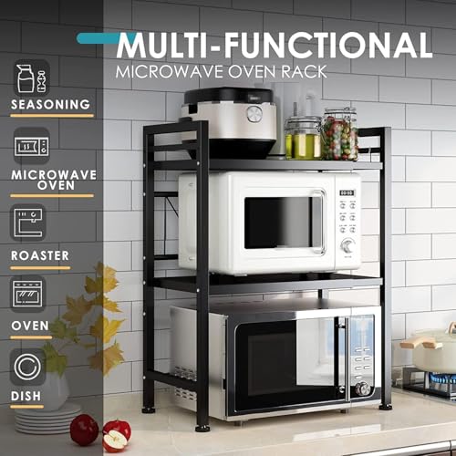 DOLALIKE Microwave Oven Rack, Expandable Microwave Stand Countertop Kitchen Utensils Tableware Storage, Carbon Steel Over Microwave Shelf Countertop with 3 Hooks - color: Black, size: 3 Tier (Without Spice Rack)