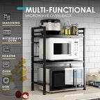 DOLALIKE Microwave Oven Rack, Expandable Microwave Stand Countertop Kitchen Utensils Tableware Storage, Carbon Steel Over Microwave Shelf Countertop with 3 Hooks - color: Black, size: 3 Tier (Without Spice Rack)