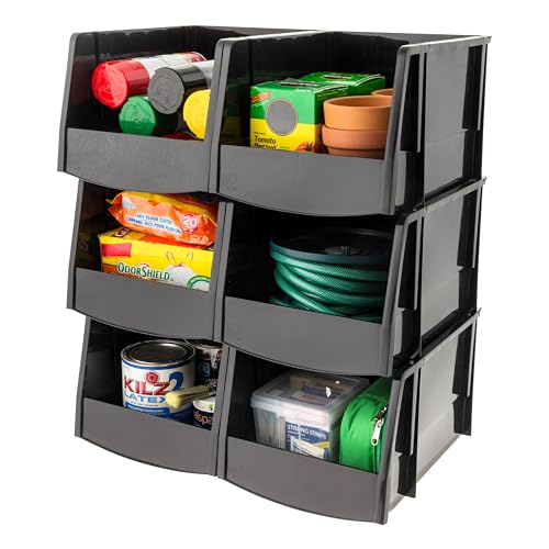 IRIS USA Extra Large Stackable Storage Bins, 6-Pack, 13"L x 10"W x 8"H, |Made in USA|, Plastic Open Front Shelf Bin for Organizing Parts, Hardware, Tools, Supplies, Garage Shelf, Pantry - Black - size: X Large - 6 Pack