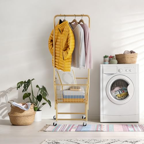Rolling Laundry Cart with Wheels, Laundry Hamper Basket Organizer with Clothes Hanging Rack, Wire Storage Cloth Shelf Butler, Golden - color: Golden