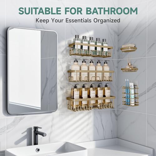 Veken Shower Caddy 6-Pack, No Drilling & Rustproof, Waterproof Adhesive Shelves Rack with Soap Holder, Large Capacity Bathroom Organizers and Storage, Wall-Mounted Kitchen & Home Decor, Matte Gold - color: L. Matte Gold