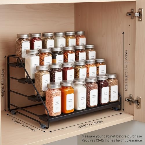 4 Tier Spice Rack Organizer for Cabinet, Step Adjustable Spice Shelf Seasoning Organizer with Non Slip Tiers, Expandable Metal Spice Rack for Kitchen Countertop, Pantry, Cupboard – Black