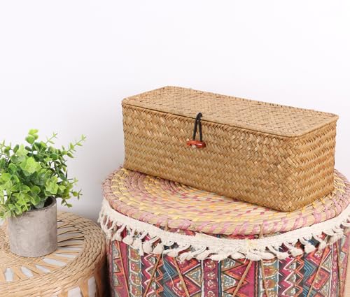 Moosky Wicker Shelf Baskets with Lid,Rectangular Seagrass Woven Storage Baskets with Dividers for Bathroom Organizer Small Bins Home Decor (Natural) - color: Natural