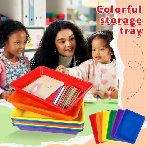 12 Pack Letter Size Flat Storage Paper Tray Organizer Bin Tray Plastic Stackable File Organizer for Classroom Library School Office Teacher Desktop Book Organization (Rainbow)