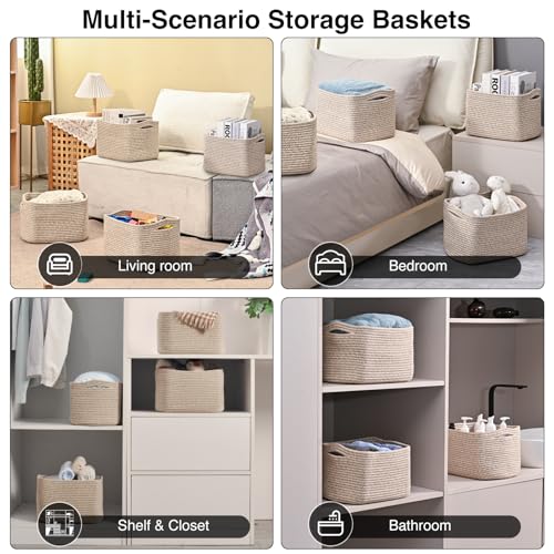 ICERZCZ Small Storage Baskets for Shelves Organizing, Woven Cotton Rope Baskets for Storage, Book Basket, Decorative Shelf Basket, 12.5"Lx9.1''Wx7.9''H (4 Packs) Mixed Brown - color: Mixed Brown, size: 12.5"(l)×9.1"(w)×7.9"(h)