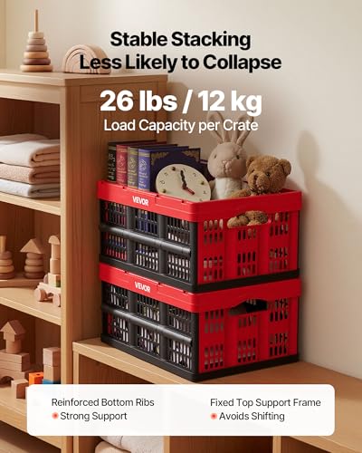 VEVOR Plastic Collapsible Storage Bins, 32L 3 Packs, Stackable Folding Storage Crates with Handles, Holds 26 lbs Per Bin, Foldable Heavy Duty Containers, Space-Saving Baskets, for Home Organizing - size: 32L-Red-3PC