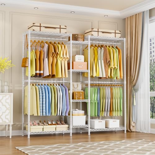 Ulif E4 Clothes Rack, Heavy-Duty Garment Rack, Metal Freestanding Clothing Organization Storage System Can Be L-shaped with Shelves and Hangers, Max Load 962lbs, 71.6" W x 14.5" D x 79.3" H, White - color: White