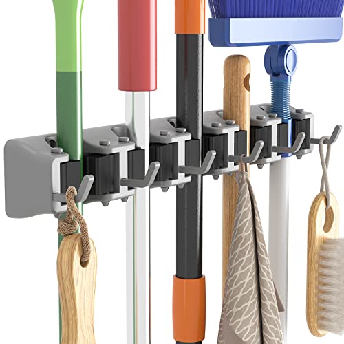 Lifewit Mop and Broom Holder Wall Mount, Anti-Slip Broom Hanger for Cleaning Supplies Organizer, Easy Install Tool Hanging Rack for Closet, Kitchen, Garage, 5 Slot 6 Hooks, Hold 30lbs, Gray, 1 Pack - color: Gray