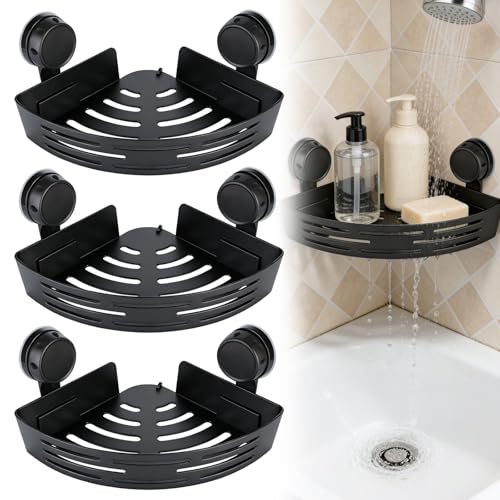 2026 New Corner Shower Shelf - Triangle Suction Cup No-Drill Bathroom Storage Rack with Towel Bar, 3-Layer Adhesive Organizer for Shower and Bathroom Corners (Black)