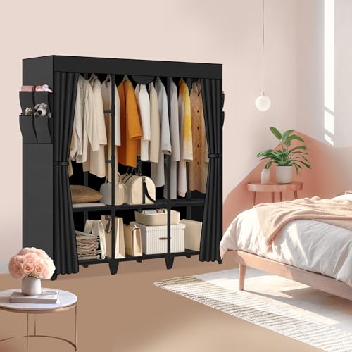 Wardrobe Closet, Quick and Easy Assembly, Black Large Capacity Portable Closet with 3 Hanging Rods 6 Storage Shelves and 8 Side Pockets, Clothes Rack with Cover, for Bedroom and Living Room - color: Black, size: 50 Inch