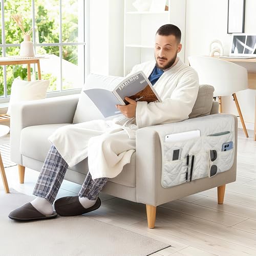 Remote Control Holder for Recliner,Non Slip Armchair Caddy,Sofa Armrest Storage Organizer for Recliner Couch With 6 Pockets for TV Remote,Cell Phone,Magazine - color: Off-White