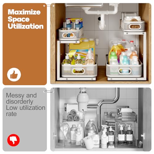 2 Pack 21.3IN-Depth Under Sink Organizer with Smooth Cylindrical Rail,2-Tier Pull Out Multi-Purpose Cabinet Storage for Bathroom&Kitchen,Height Adjustable,Rust-Resistant Coating-White - color: White, size: 2 Pack-21.3"Dx11"-16.14"H