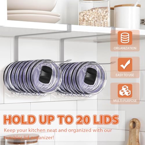 2 Pack Tumbler Lid Organizer, Horizontal Tumbler Lid Storage Hook to Hold Up 20 Lids, Space Saving Cup Lid Holders Under Cabinet Tumbler Lid Hook for Kitchen Organizer, Paper Towel Rack Hanger (Gray) - color: Gray, size: 2 Pack