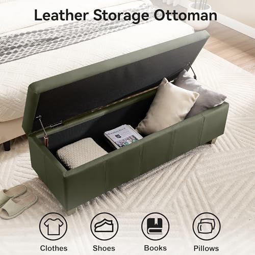 WUTUTUEE 41" Faux Leather Storage Ottoman, Stitch Tufted Rectangle Upholstered End of Bed Storage Bench, Entryway Large Couch Ottoman with Wooden Legs,Green - color: Green, size: 41 Inch