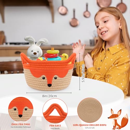 Small Storage Basket, Cute Fox Animal Gift Basket for Nursery, Woven Rope Cotton Storage, Soft Baby Towel 0rganizer with Ears Handles, Caddy Blanket Towel Decor Storage Bin, 8.2"D x 4.7"H in - color: Orange, size: 9"D × 5 "H