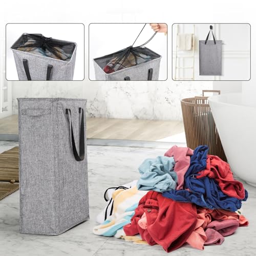 Odonata Slim Laundry Hamper Handles Collapsible Laundry Basket Thin Dirty Clothes Basket Narrow Laundry Bag Foldable Dirty Hamper 45L (Heather Grey) - color: Heather Grey