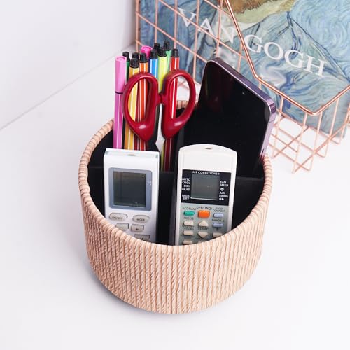 Round Leather Art Supply Organizer,Remote Control Holder,360 Degree Spinning,Multi-Functional Pencil Holder,4 Compartments Desktop Stationary Organizer(1-Wood Apricot) - color: 1-Wood Apricot