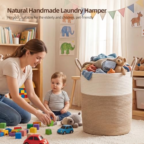 OIAHOMY Large Laundry Basket Hamper - 60L Cotton Rope Woven Basket for Blankets, Toys, Clothes - Tall Decorative Nursery Hamper with Long Handles, Brown/White - color: Brown/White, size: 60L