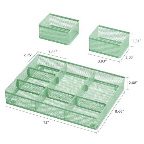 Marbrasse 3 Packs Desk Drawer Organizers, Metal Mesh Dividers with 9 Adjustable Compartments, Pen Organizer for Drawer Tray Box Accessories for Desktop,Kitchen, Makeup(Green) - color: Green