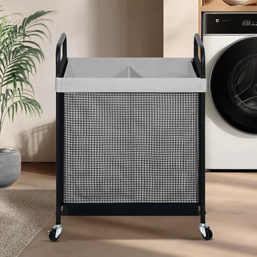 STO STO Laundry Hamper 2 Section, 100L Rolling Laundry Sorter Cart with Removable and Washable Liner Bag, Clothes Hamper with Wheels and Metal Handle for Laundry Room and Bedroom, Gray - color: Gray, size: 2-Section