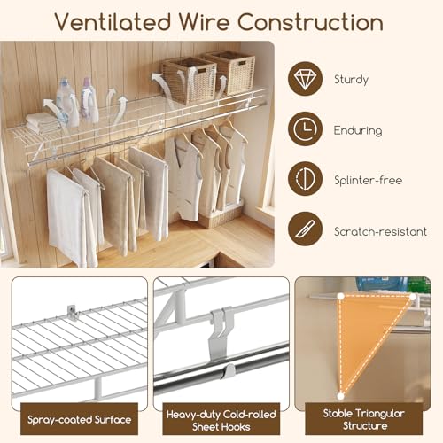 COSTWAY Closet Shelves Wall Mounted, Closet Shelf with Hanging Rod, Ventilated Metal Wire Shelving Kit, Wire Wall Shelf for Laundry Room, Bedroom, Home, Mounting Accessories Included (6 ft x 12 in) - size: 6 ft x 12 in