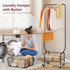 Tajsoon Laundry Cart with Hanging Rack, Metal Laundry Basket with Wheels, Laundry Hamper with Storage Basket and Shelf, Rolling Laundry Cart with Wheels, Black - color: Black