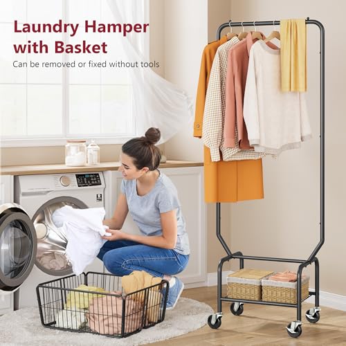 Tajsoon Laundry Cart with Hanging Rack, Metal Laundry Basket with Wheels, Laundry Hamper with Storage Basket and Shelf, Rolling Laundry Cart with Wheels, Black - color: Black