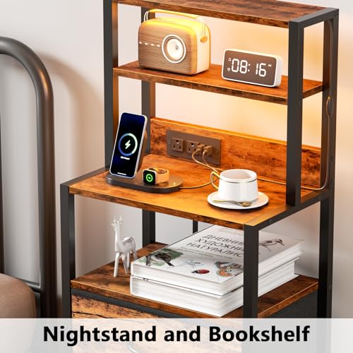 Furnulem Night Stand, Tall Nightstand with 4-Tier Shelves and 3 Fabric Drawers, LED Bed Side Tables with Charging Station, Bedside Table for Bedroom, Hallway, Office, Rustic Brown - color: Rustic Brown, size: 3 Drawer