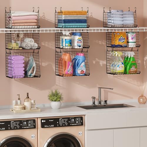 4-Pack Hanging Laundry Room Organizer：Foldable Laundry Room Organizaton Wire Basket with 360°Rotating Hooks Space Saving Over Washer and Dryer Shelves - Metal Laundry Basket Storage, Black Patent - size: 4-Pack 13.9*11*46inch