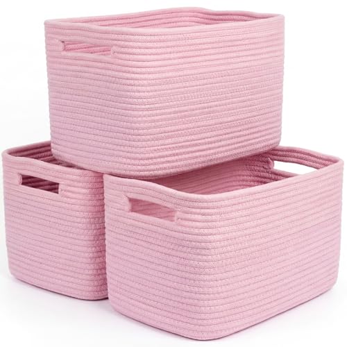 Storage Baskets for Organizing, 14 x 10 x 9” Closet Shelf Woven Baskets, Square Bins with Handles, Cotton Rope Basket for Toys, Clothes, Office, Room, Pink 3 Pack - color: Pink, size: 3pcs
