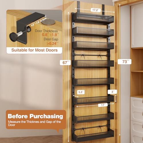 Pantry Door Organizers and Storage, 8-Tier Large Metal Heavy-Duty Frame Over the Door Spice Rack, 2 in 1 Wall-Mounted or Hanging shelf for Kitchen, Bathroom, Laundry Room, Bedroom, Closet &Nursery - color: Black, size: 17.12"W-8 tier