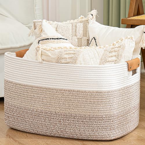 danpinera Blanket Basket, 72L Woven Storage basket with Leather Handle, Eco-friendly Decorative Storage Organization in Bathroom & Living Room for Towels 22 ''*17 ''*11.8 '', Gradient Brown - color: Gradient Brown, size: 72L