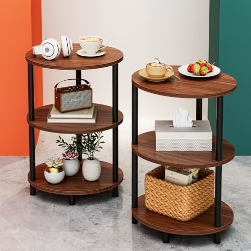Small Round Side Table - 3-Tier Oval Accent Table for Small Spaces, Rustic Wood and Metal Couch End Table, Nightstand for Bedroom or End Table Living Room, Set of 2, Rustic Walnut - color: Rustic Walnut, size: 2-Pack, style: Without Power Outlets