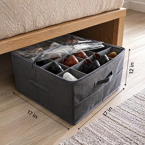 Under Bed Shoe Storage Organizer 16 Compartment, Foldable Shoe Organizer Under Bed with Clear PVC Lid, Shoe Storage Box with Zipper & Handle for Closet Bedroom, Grey, Pack of 2 - color: Grey