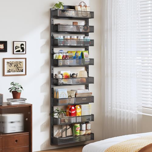 Pantry Door Organizers and Storage, 8-Tier Large Metal Heavy-Duty Frame Over the Door Spice Rack, 2 in 1 Wall-Mounted or Hanging shelf for Kitchen, Bathroom, Laundry Room, Bedroom, Closet &Nursery - color: Black, size: 17.12"W-8 tier