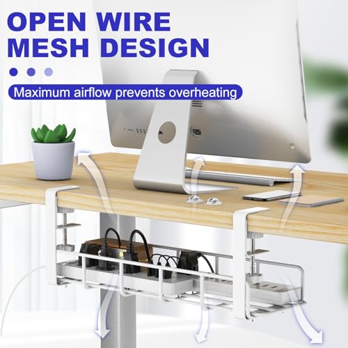 15.7” Under Desk Cable Management Tray, No Drill Heavy Duty Steel Standing Desk Cable Management, Wire Management Tray Cable Rack with Clamp Mount, Adjustable Metal Under Desk Tray (White, 1 Pack) - color: White, size: 1 Pack