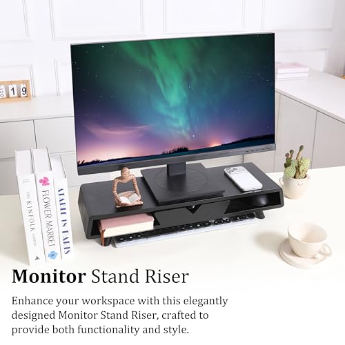 Homerays Monitor Stand with Drawer, Exquisite Computer Monitor Stand for Desk, Ergonomic Wood Monitor Stand Riser for Computer,Laptop,Printer,TV,Bamboo,Black - color: Black