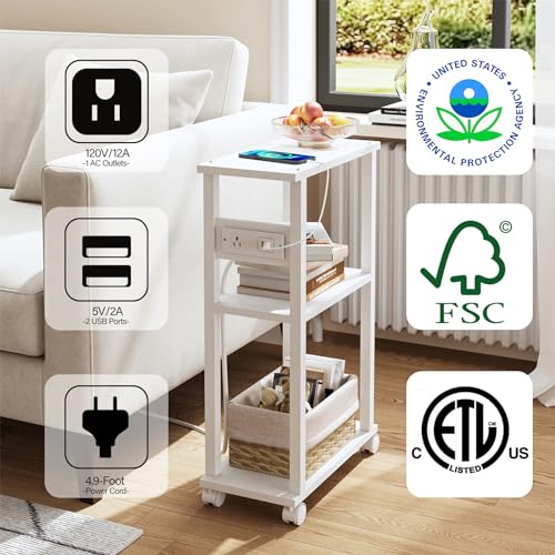 TUTOTAK Small Narrow Side Table with Charging Station, Skinny End Table for Small Spaces, Slim Nightstand with USB Ports and Outlet, Sofa Beside Table with Wheels, White TB01BW046 - color: White, size: 1 PC, style: With Plug