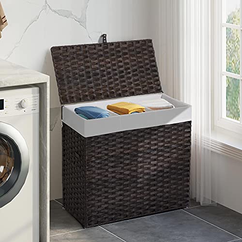 Greenstell Laundry Hamper with Lid, 125L Large Clothes Hamper with 3 Section & 2 Section Removable Liner Bags & 5 Mesh Laundry Bags, Handwoven Synthetic Rattan Divided Laundry Basket, Brown - color: Brown