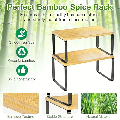 Simple Trending Bamboo Cabinet Organizer Shelf, Set of 2 Kitchen Counter Shelves, Stackable Expandable Spice Rack Kitchen Storage, Black and Natural Beige
